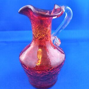 Vintage Small Hand Blown Red amberina Crackle Glass Pitcher with Clear Handle